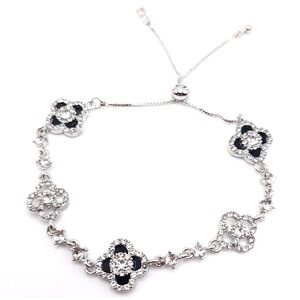 Rhodium Plated Zircon Clover Bracelet Womens Silver Black Adjustable Jewelry